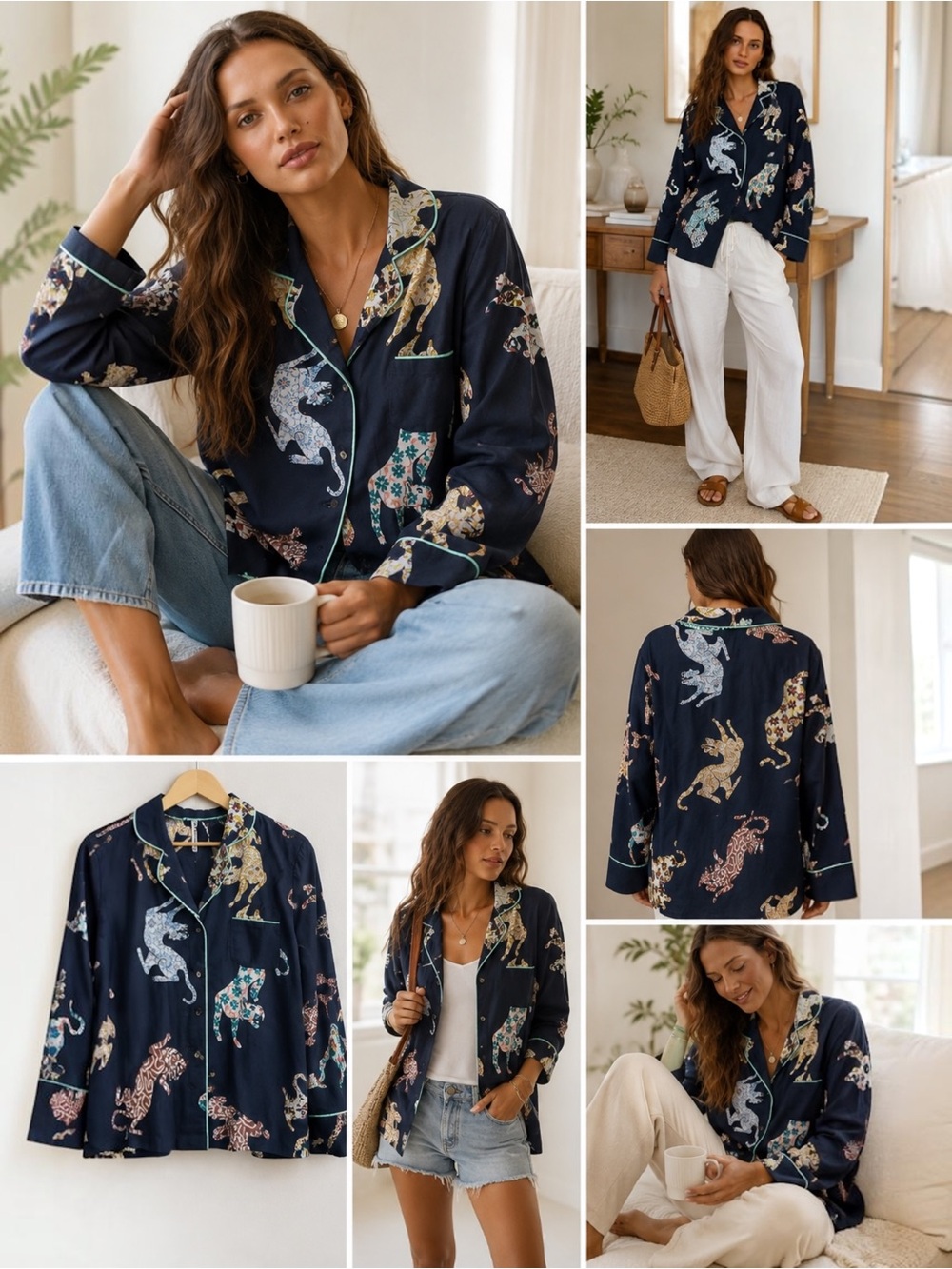 Anthropologie Animal Print Pajama Top Navy Button Down Lounge Shirt Sz Medium